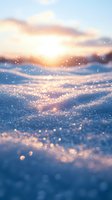Sparkling snow surface at sunset with golden light creating magical bokeh effect and glitter on fresh powder snow during winter evening.