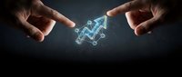 Hands protecting glowing digital growth arrow symbolizing business success, financial progress and investment protection in futuristic technology concept.