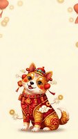 Adorable cartoon dog in traditional Chinese New Year costume with red decorations and gold coins on cream background for festive celebrations.