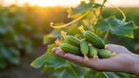 Fresh organic cucumbers in farmer hand at sunset in vegetable garden. Harvest time concept for healthy eating and sustainable agriculture.