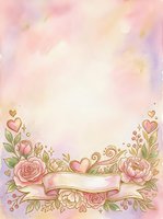 Romantic floral frame with pink roses, peonies, and decorative hearts on soft watercolor background. Blank banner for wedding invitations, greeting cards, and love-themed designs.