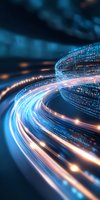 Digital binary code streams flowing in curved motion with glowing blue and orange light trails against dark background, representing data transfer and connectivity.