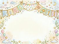 Pastel nursery frame with bunting banners, balloons, clouds, stars and botanical elements on isolated background. Perfect for baby shower invitations, greeting cards and children's designs.