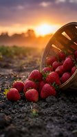 Fresh ripe strawberries spilling from wicker basket at golden hour sunset in agricultural field for organic farming and harvest concepts.