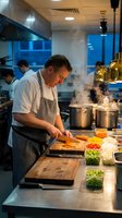 Professional chef preparing fresh vegetables in busy commercial restaurant kitchen with steaming pots and colorful ingredients for culinary service.