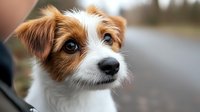 Adorable brown and white puppy with expressive eyes looking at camera outdoors. Cute small dog portrait with soft focus background for pet care concepts.