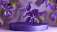 Purple round podium with vibrant violet leaves floating in soft atmospheric lighting, creating elegant display platform for product presentation on blurred background.