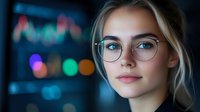 Young Caucasian woman with blue eyes and blonde hair wearing round glasses against blurred neon city lights background, soft evening portrait with bokeh effect.