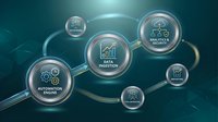Business automation workflow with interconnected circular icons showing data analytics and engine processes on dark teal background.