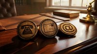 Vintage wooden desk accessories featuring telephone, circuit board, and email symbols arranged on polished wood surface with leather portfolio and brass lamp for office decor.