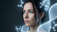 Young woman with pale complexion, blue eyes, and dark hair against dark background with glowing DNA helixes and molecular structures, representing genetic research, biotechnology, and scientific innovation.