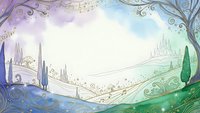 Enchanted fairy tale landscape with ornate swirls, castle silhouette and magical trees in pastel colors for fantasy storytelling and children's book illustration.