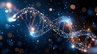 Glowing DNA strand with sparkles and particles on dark background, genetic science concept with blue and gold light effects and bokeh elements.