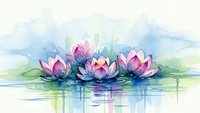 Watercolor lotus flowers floating on serene pond with soft pastel colors and artistic paint drips for meditation and wellness designs.