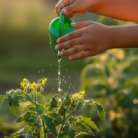Child hands watering young tomato plant with green watering can in sunny garden. Organic gardening, plant care and sustainable agriculture concept.