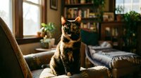 Tortoiseshell cat sitting on an armchair in a cozy home interior with bookshelves, plants, and warm natural window light.