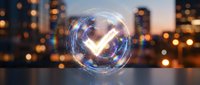 Glowing holographic check mark inside a transparent energy sphere against a blurred city skyline at dusk, symbolizing approval and success.