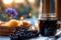 Dark cola beverage in glass mug with fresh blueberries, lemons in wicker basket, and purple flowers on windowsill during golden hour sunset, suitable for food and beverage marketing.