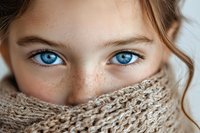 Close up portrait showing bright blue eyes and natural freckles, face partially covered with beige knitted scarf. Soft daylight creates gentle shadows and depth.