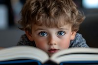 Adorable young Caucasian boy with curly blonde hair and blue eyes reading open book, early childhood education and learning development concept.