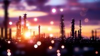 Industrial oil refinery silhouettes against dramatic purple sunset sky with bokeh light effects and lens flares creating atmospheric industrial landscape.