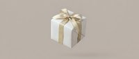 White gift box with golden ribbon bow floating on beige background, holiday present for Christmas, birthday, or celebration concept.