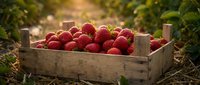 Fresh ripe strawberries in rustic wooden crate on farm field during golden hour harvest time for organic agriculture and healthy eating concepts.