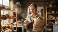 Middle-aged woman with blonde hair in apron holding paper bag of fresh bread in rustic bakery shop with wooden shelves and baked goods displayed around her.