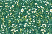 Lush meadow with white daisies and yellow wildflowers on deep green background, creating a natural botanical pattern for fabric design.