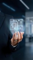 Businessman touching digital workflow automation interface with process diagram icons in modern office environment for business technology solutions.