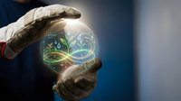 Hands in protective gloves holding glowing sphere with green plant growth inside, symbolizing environmental protection and sustainable development concept.