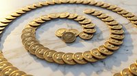 Golden coins arranged in a spiral pattern on marble surface, representing wealth, investment, and financial growth for business concepts.