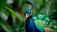 Majestic peacock with vibrant blue and green plumage displays crown feathers against natural foliage background, showcasing iridescent colors and distinctive eye pattern.