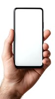 Male hand holding modern smartphone with blank white screen isolated on white background for mockup and app presentation purposes.