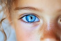 Close up macro shot of bright blue eye and natural freckles on young caucasian face with soft skin texture and natural daylight illumination.