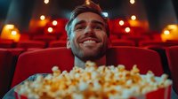 Smiling Caucasian man watching movie in cinema theater with popcorn bucket, red seats and blurred lights in background creating entertainment atmosphere.