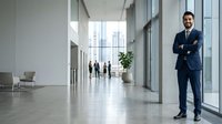 Confident male professional in dark business suit standing in modern office corridor with arms crossed, contemporary workplace environment with glass windows and city skyline view.