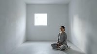 Young Asian woman sitting in meditation pose in minimalist white room with natural light from window. Peaceful mindfulness and wellness concept.