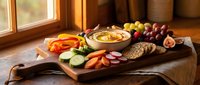 Wooden charcuterie board with hummus, fresh vegetables, crackers and grapes arranged for entertaining. Healthy appetizer platter in warm natural lighting.