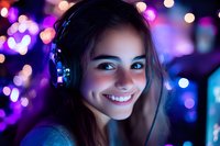 Young woman wearing headphones smiling at night with colorful bokeh lights in background creating magical atmosphere for music and entertainment concepts.