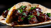 Glazed meatballs with fresh herbs served in soft tortillas on dark wooden surface. Appetizing comfort food ready for dinner or lunch meal preparation.