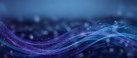 Abstract blue purple flowing waves with glowing particles and bokeh lights creating dynamic energy motion background for technology and digital design projects.