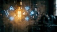 Glowing vintage Edison bulb surrounded by floating medical icons and healthcare symbols in warm atmospheric lighting for wellness technology concepts.