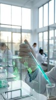 Scientist using digital pipette with holographic interface overlay in modern laboratory conducting research experiment with futuristic technology display.