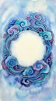 Watercolor round frame with blue swirling clouds in Asian style, empty circle copy space for text or logo on soft blue background.