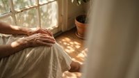 Elderly hands resting peacefully on white bedding in warm sunlit bedroom with natural window light creating peaceful morning atmosphere.