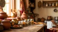 Rustic kitchen interior with traditional pottery, wooden table, and warm natural lighting, suitable for home decor and lifestyle content.
