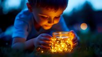 Young boy holding illuminated glass jar with glowing fireflies at dusk, creating magical summer evening atmosphere in garden. Dreamy childhood moment captured in soft blue light.