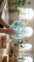 Woman's hands holding a glowing holographic sphere with nature icons in a bright modern interior, symbolizing eco technology and digital innovation.