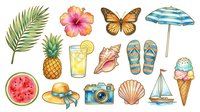 Tropical summer vacation elements with palm leaf, pink hibiscus flower, monarch butterfly, striped beach umbrella, pineapple, lemonade, watermelon slice, straw hat, camera, sandals, seashell, sailboat and ice cream cone isolated on white background for design projects.